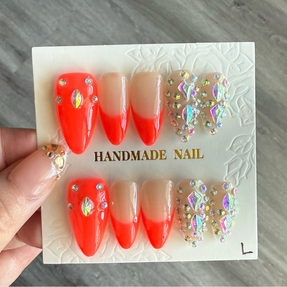 Nails Inc Other - Handmade Neon Coral Ombre Press-On Nails with Iridescent Gems